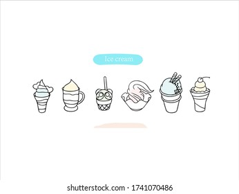 Hand drawn pictures. Cartoon Ice cream illustrations. Black and white pattern cold drink elements. perfect for invitations, greeting cards, prints, posters.