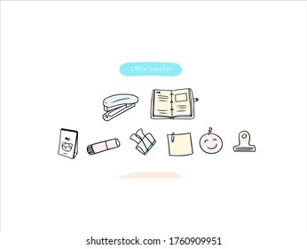Hand drawn pictures. Cartoon Office Supplies illustrations.  Color patterned daily necessities elements. perfect for invitations, greeting cards, prints, posters.
