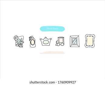 Hand drawn pictures. Cartoon Photo frame illustrations.  Color patterned daily necessities elements. perfect for invitations, greeting cards, prints, posters.