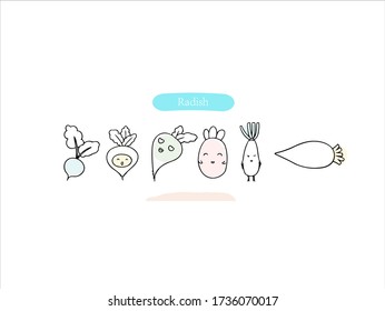 Hand drawn pictures. Cartoon Radish illustrations. Black and white pattern vegetables  elements. perfect for invitations, greeting cards, prints, posters.