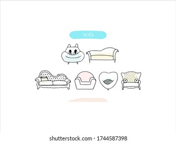 Hand drawn pictures. Cartoon sofa illustrations. Color furniture elements. perfect for invitations, greeting cards, prints, posters.
