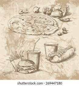 Hand drawn pictures for the menu of fast-food. Burger, pizza and hot dog.