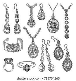 Hand drawn pictures set of luxury jewelry. Vector illustrations. Jewelry luxury accessory sketch hand drawn