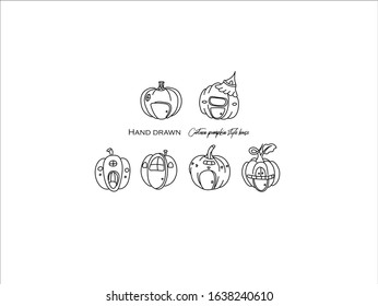 Hand drawn pictures.Cartoon pumpkin style house. Black and white  architectural elements 