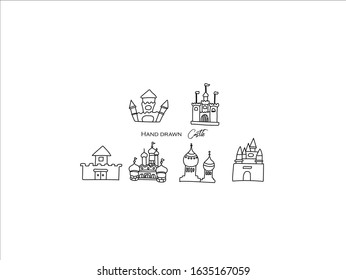 Hand drawn pictures.Castle illustrations. Black and white pattern architectural elements  perfect for invitations, greeting cards, prints, posters.