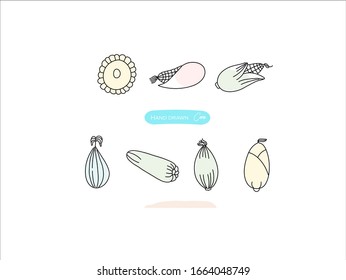 Hand drawn pictures.Corn illustrations. Black and white pattern food elements. perfect for invitations, greeting cards, prints, posters.