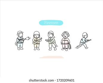 Hand drawn pictures.Firemen illustrations. Black and white pattern character elements. perfect for invitations, greeting cards, prints, posters.