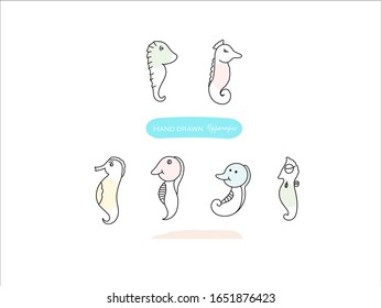 Hand drawn pictures.Hippocampus illustrations. Black and white pattern animal elements. perfect for invitations, greeting cards, prints, posters.