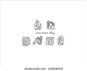 Hand drawn pictures.Houses illustrations. Black and white  architectural elements 