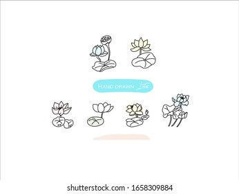 Hand drawn pictures.Lotus illustrations. Black and white pattern flower elements. perfect for invitations, greeting cards, prints, posters.