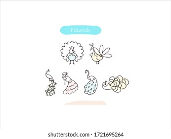 Hand drawn pictures.Peacock illustrations. Black and white pattern animal elements. perfect for invitations, greeting cards, prints, posters.