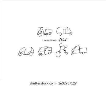 Hand drawn pictures.Pedicab illustrations. Black and white pattern transportation elements  perfect for invitations, greeting cards, prints, posters.