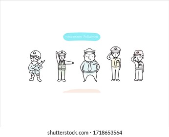 Hand drawn pictures.Policemen illustrations. Black and white pattern character elements. perfect for invitations, greeting cards, prints, posters.