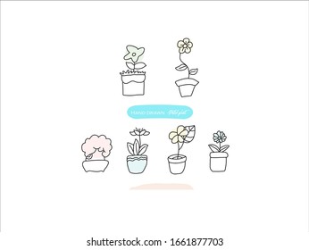 Hand drawn pictures.Potted plant illustrations. Black and white pattern flower elements. perfect for invitations, greeting cards, prints, posters.