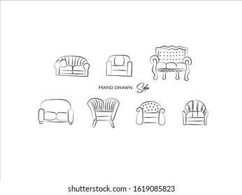 Hand drawn pictures.Sofa illustrations. Black and white pattern furniture elements  perfect for invitations, greeting cards, prints, posters.