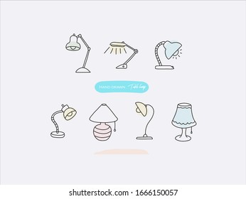 Hand drawn pictures.Table lamp illustrations. Black and white pattern appliances elements. perfect for invitations, greeting cards, prints, posters.
