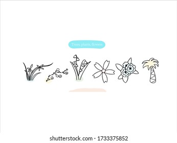 Hand drawn pictures.Trees, plants, flowers illustrations. Black and white pattern plant elements. 