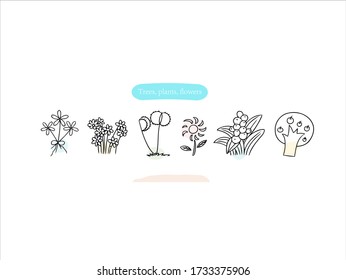 Hand drawn pictures.Trees, plants, flowers illustrations. Black and white pattern plant elements. 