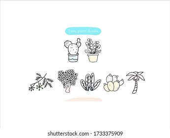 Hand drawn pictures.Trees, plants, flowers illustrations. Black and white pattern plant elements. 