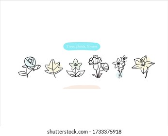 Hand drawn pictures.Trees, plants, flowers illustrations. Black and white pattern plant elements.  