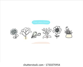 Hand drawn pictures.Trees, plants, flowers illustrations. Black and white pattern plant elements.  