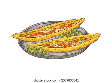Hand drawn pide food in colored sketch style, vector illustration isolated on white background. Vintage turkish cuisine dish lahmacun for cafe or restaurant menu design.