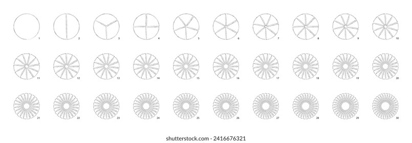 Hand drawn pie chart. Circles divided into equal pieces as fraction illustration. Doodle sketch math infographics. Vector part diagram for pizza split