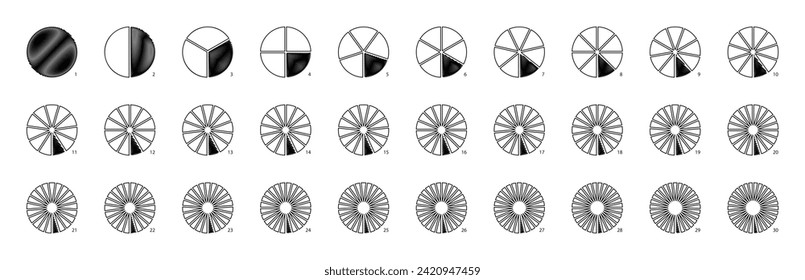 Hand drawn pie chart. Circles divided into equal pieces as fraction illustration. Doodle sketch math infographics. Vector part diagram for pizza split
