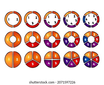 Hand drawn Pie chart sets of 2, 3, 4, 5, 6 options steps processes with numbers