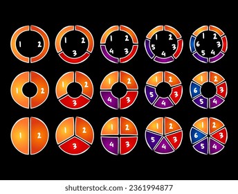Hand drawn Pie chart sets of 2, 3, 4, 5, 6 options steps processes with numbers