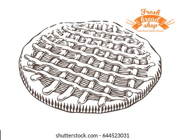 Hand drawn pie in engraving style. Bread bakery fresh food collection. Vintage vector illustration. Black elements isolated on white background.