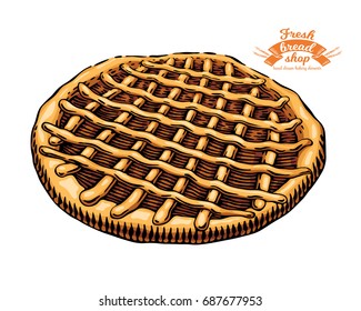 Hand drawn pie in engraving style.. Bread bakery fresh food collection. Vector illustration. Colored elements isolated on white background.