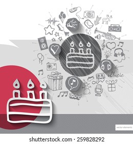 Hand drawn pie icons with icons background. Vector illustration