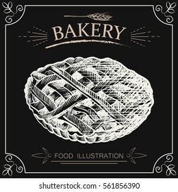 Hand drawn pie isolated on chalkboard. Bakery sketch vector illustrator. Retro style