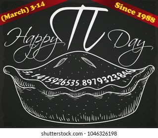 Hand drawn pie over a blackboard with ribbons and date for Pi Day celebration, a holiday celebrated since 1988 in March 14.