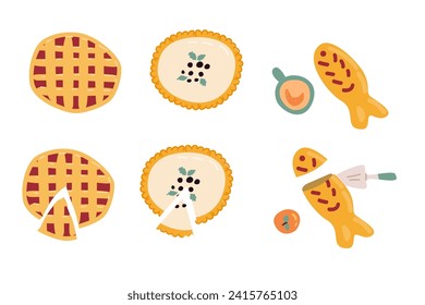 Hand drawn pie set with cheesecake, and berry pie, fish pie. Vector illustration isolated. Set of pie with cream cheese product, fish and berry fruit feeling. Cartoon mug and apple. 