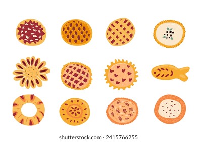 Hand drawn pie set with cheesecake, and berry, fish and onion pie, different shapes. Vector illustration isolated. Set of pie with berry fruit feeling, onion and fish feeling.