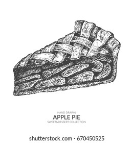 Hand drawn piece of apple pie with ink and pen. Vintage black and white illustration. Sweet and dessert vector element.
