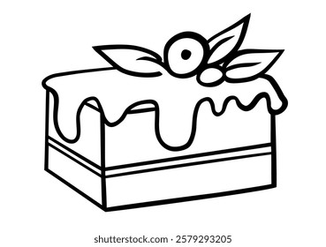 Hand drawn a piece of cake with berries and cream in doodle style isolated on white background. Vector. Sweet and beautiful dessert. Template for greeting card, postcard, print, menu.