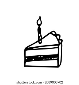 Hand drawn piece of cake with candle, one element, isolate on white background