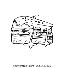 Hand drawn piece of cake  with cherry isolated on white background. Line doodle illustration. Vector food.