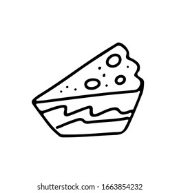 Hand drawn piece of cake doodle vector illustration isolated on white background. Black outline Cute bakery product. Design for greeting cards, scrapbooking, textile, wrapping , cafe, restaurant menu