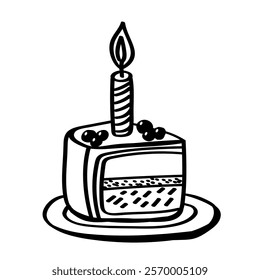 Hand drawn piece of cake. Happy birthday doodle vector illustration