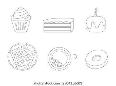 Hand drawn piece of cake minimalist design, cafe and bakery concept. Vector illustration isolated on white background,muffin, cake, donut, waffles, coffee, candle