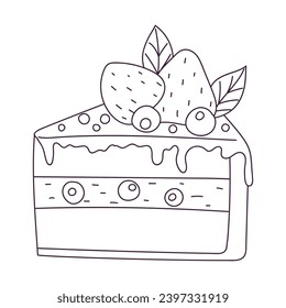 Hand drawn piece of cake with strawberry and blueberry. Sweet food, dessert. Outline doodle vector black and white illustration isolated on a white background