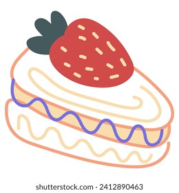 Hand drawn a piece of cake with a strawberry on top. Colored flat vector illustration isolated on transparent background