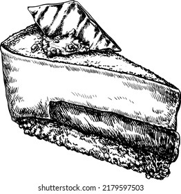 Hand drawn piece of cheesecake decorated with fresh berries, sketch style vector illustration on white background. realistic hand drawing of piece, slice of cheesecake, cheese cake