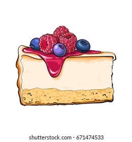 Hand drawn piece of cheesecake decorated with fresh berries, sketch style vector illustration isolated on white background. Realistic hand drawing of piece, slice of cheesecake