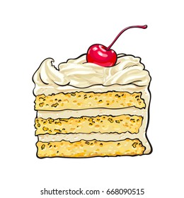 Hand Drawn Piece Of Classic Layered Cake With Vanilla Cream And Cherry Decoration, Sketch Style Vector Illustration Isolated On White Background. Realistic Hand Drawing Of Piece, Slice Of Layered Cake