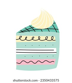Hand drawn piece of green decorative cake on a white background. Naive vector illustration. Vector for postcards and stickers.